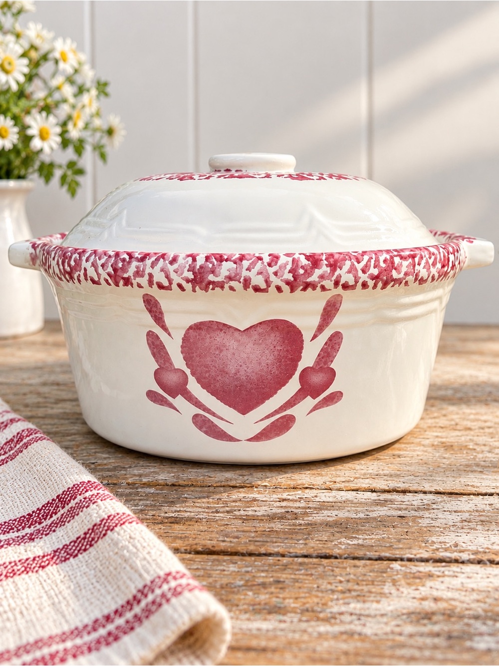 Cream Ceramic Covered Casserole with Red Heart Motif - 2 quart
